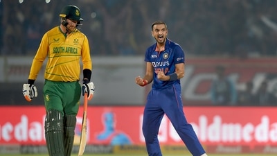 Indian bowler Harshal Patel celebrates the wicket of South Africa's batsman David Miller, during the 3rd T20 (PTI) Indian bowler Harshal Patel celebrates the wicket of South Africa's batsman David Miller, during the 3rd T20 (PTI)