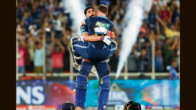 Shubman Gill and David Miller of Gujarat Titans celebrate win during the final of the TATA Indian Premier League 2022, Ahmedabad May 28, 2022 (Saikat Das / Sportzpics for IPL)