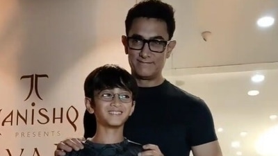 Aamir Khan with son Azad Rao Khan in Mumbai on Monday.&nbsp;
