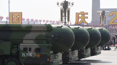 In this file photo taken on October 01, 2019 China’s DF-41 nuclear-capable intercontinental ballistic missiles are seen during a military parade at Tiananmen Square in Beijing. (AFP) In this file photo taken on October 01, 2019 China’s DF-41 nuclear-capable intercontinental ballistic missiles are seen during a military parade at Tiananmen Square in Beijing. (AFP)
