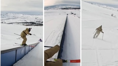 The image, taken from the video, shows Olympic skier Jesper Tjäder skiing on a rail grind.&nbsp; (YouTube/@Guinness World Records)