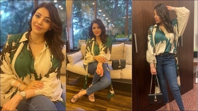 The shirt is credited to Indian fashion designer Payal Khandwala's eponymous label which boasts of layered separates that are dramatic yet minimal, with subtle attention to detail, gentle non-conformist, with a refined sense of luxury, and one that will not sacrifice comfort. The relaxed fit shirt originally costs  <span class='webrupee'>₹</span>15,800.&nbsp; (Instagram@kajal_darling/Elevate Promotion)