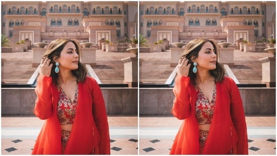 Hina is on a spree of merging her love for fashion and travel in Abu Dhabi. A few days back, Hina decked up in a printed satin co-ord set as she posed in the streets of the city.(Instagram/@realhinakhan)