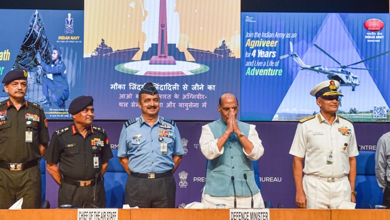 Union Defence Minister Rajnath Singh with three services chiefs?General Manoj Pande (Army), Air Chief Marshal VR Chaudhari and Admiral R Hari Kumar (Navy) during a press conference at National Media Center,?in New Delhi, Tuesday, June 14, 2022. (PTI Photo/Manvender Vashist)