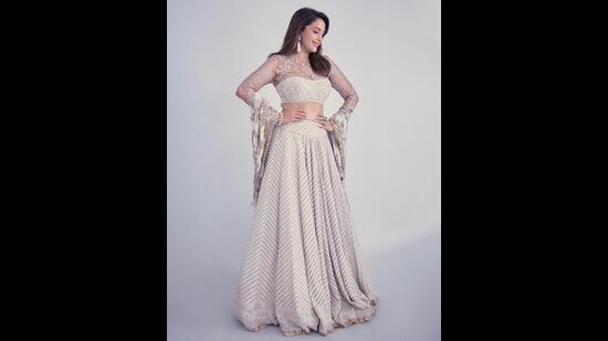 Madhuri Dixit in a white and gold chikankari lehenga (Photo: Instagram)