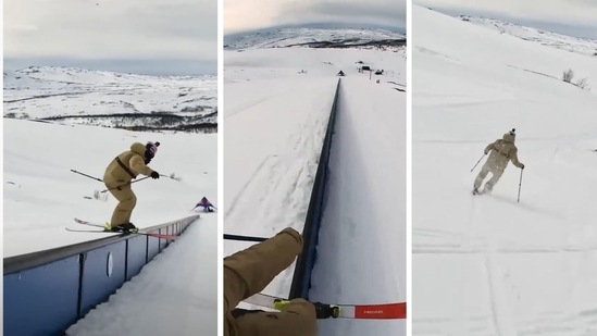 The image, taken from the video, shows Olympic skier Jesper Tj?der skiing on a rail grind.&nbsp;(YouTube/@Guinness World Records)
