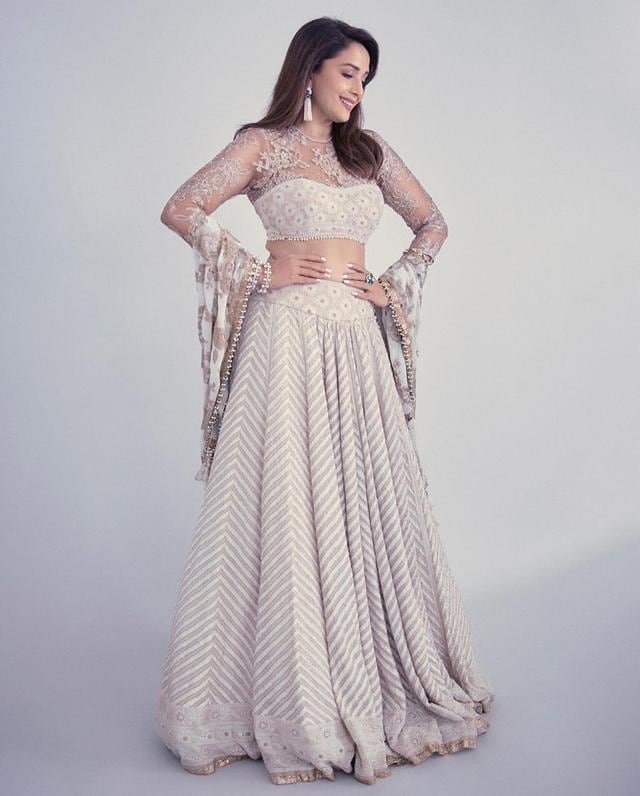 Madhuri Dixit in a white and gold chikankari lehenga (Photo: Instagram)