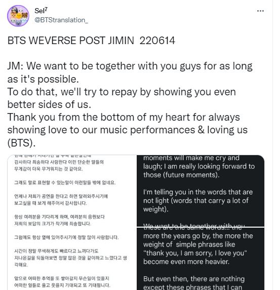 In a long post on Weverse, Jimin wrote (as translated by Twitter user @BTStranslation_), “ARMY, you all, it's our 9-year anniversary.”