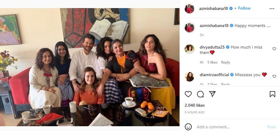 Shabana posted the photo in which they all sat together posing for the camera.