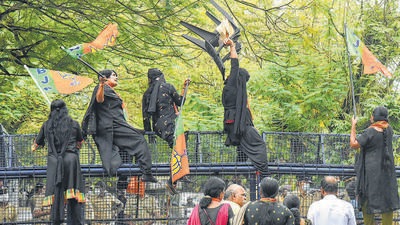 Bharatiya Janata Party Mahila Morcha activists during a protest demanding the resignation of Kerala chief minister Pinarayi Vijayan for his alleged involvement in a gold smuggling case, in Kochi on Wednesday. (PTI) Bharatiya Janata Party Mahila Morcha activists during a protest demanding the resignation of Kerala chief minister Pinarayi Vijayan for his alleged involvement in a gold smuggling case, in Kochi on Wednesday. (PTI)