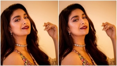 Keerthy played muse to fashion designers Rimple and Harpreet Narula and picked a sequined ensemble from their shelves. (Instagram/@keerthysureshofficial)