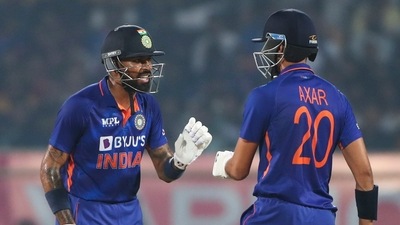 India's Hardik Pandya and Axar Patel during the third Twenty20 cricket match between India and South Africa in Visakhapatnam, India. (AP) India's Hardik Pandya and Axar Patel during the third Twenty20 cricket match between India and South Africa in Visakhapatnam, India. (AP)