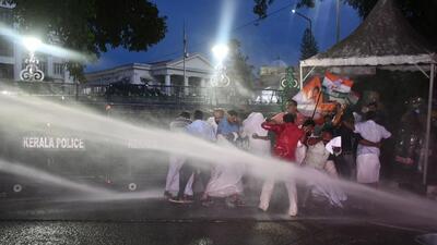 Swapna Suresh case: The Thiruvananthapuram Police personnel use water cannons to disperse a youth Congress protest against chief minister Pinarayi Vijayan. (PTI File) Swapna Suresh case: The Thiruvananthapuram Police personnel use water cannons to disperse a youth Congress protest against chief minister Pinarayi Vijayan. (PTI File)