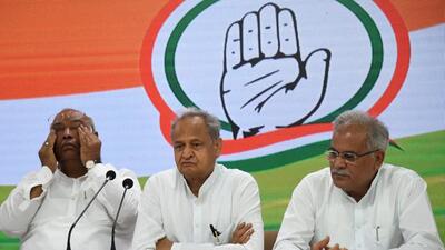 Congress leaders addressing a press conference in New Delhi on Wednesday. (PTI)