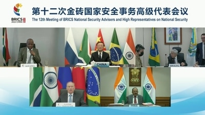 NSA Ajit Doval attending the virtual meeting of the NSAs of the BRICS countries on Wednesday.&nbsp;