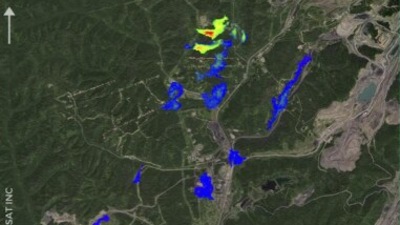 This image provided by GHGSat shows methane emissions observed and measured with the company's satellite at the Raspadskaya mine in the west Siberian region of Kemerovo, on Jan. 14. The private company uses satellites to spot sources of methane around the globe and detected one of the largest releases of the potent greenhouse gas ever seen coming from the coal mine. (GHGSat via AP)