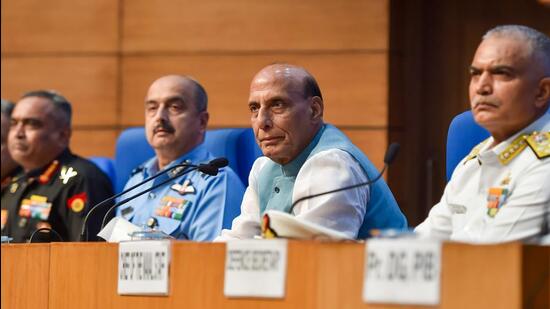Union Defence Minister Rajnath Singh with three services' chiefs General Manoj Pande (Army), Air Chief Marshal VR Chaudhari and Admiral R Hari Kumar (Navy) during a press conference at National Media Center, in New Delhi on Tuesday. (PTI)