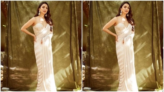 Kiara teamed a white georgette saree with silver bead details with a white corset off-shoulder blouse as she posed for the outdoor photoshoot.(Instagram/@kiaraaliaadvani)