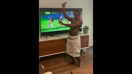 The image, taken from the Instagram video, shows the man imitating the dancing kid from the movie Moana. (Instagram/@madara_dusal)