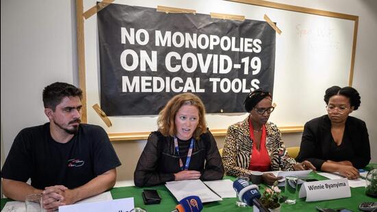 (From L) MSF advocacy advisor Felipe de Carvalho, Oxfam health policy manager Anna Marriott, UNAIDS executive director Winnie Byanyima and Section27 legal researcher Baone Twala attend a press conference urging government to ask for a real TRIPS waivers during the 12th WTO Ministerial Conference in Geneva (AFP)