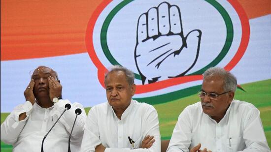 Congress leaders addressing a press conference in New Delhi on Wednesday. (PTI)