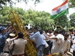Congress workers stage a protest outside the AICC office against the summoning of party leader Rahul Gandhi by the ED in connection with the National Herald case, in New Delhi on Wednesday. (Arvind Yadav/ Hindustan Times)(HT_PRINT) Congress workers stage a protest outside the AICC office against the summoning of party leader Rahul Gandhi by the ED in connection with the National Herald case, in New Delhi on Wednesday. (Arvind Yadav/ Hindustan Times)(HT_PRINT)
