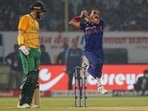Harshal Patel delivers a ball during the third T20I against South Africa Harshal Patel delivers a ball during the third T20I against South Africa