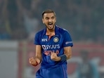 Harshal Patel celebrates the wicket of South Africa's batsman David Miller(PTI) Harshal Patel celebrates the wicket of South Africa's batsman David Miller(PTI)