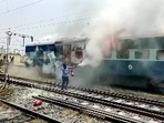 Protestors set a train ablaze during a protest against Agnipath scheme for Armed forces, in Chhapra, Bihar, on Thursday, June 16, 2022. (ANI Photo) Protestors set a train ablaze during a protest against Agnipath scheme for Armed forces, in Chhapra, Bihar, on Thursday, June 16, 2022. (ANI Photo)