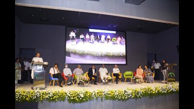 Gautam Adani (sitting fourth from left) along with Sharad Pawar at Baramati on Thursday. (HT PHOTO)