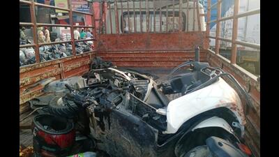 Mangled remains of the victims’ scooter after it rammed into a mini-truck in Ludhiana on Thursday evening. (HT File)