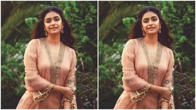 Keerthy decked up in a peach salwar with a V-neckline and minimal embroidery work in multicolour threads and quarter sleeves decorated in multicolour details. (Instagram/@keerthysureshofficial)