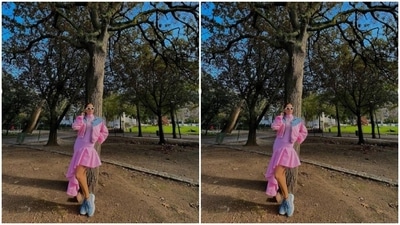 Rubina decked up in a pink dress with turtleneck and frills and teamed it with a super cool pink bomber cropped jacket with blue denim details at the neck. (Instagram/@rubinadilaik)