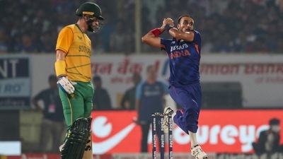 Harshal Patel delivers a ball during the third T20I against South Africa (AFP)
