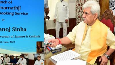 Jammu & Kashmir lieutenant governor (LG), Manoj Sinha virtually launched the online helicopter booking service portal for the Amarnath pilgrims on Thursday. (Twitter/Office of LG J&K) Jammu & Kashmir lieutenant governor (LG), Manoj Sinha virtually launched the online helicopter booking service portal for the Amarnath pilgrims on Thursday. (Twitter/Office of LG J&K)