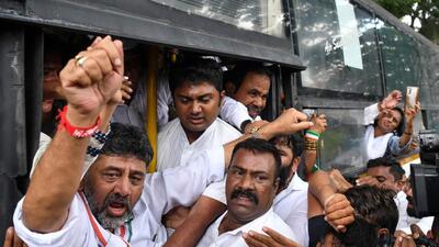 Congress leaders in Karnataka were seen marching towards Raj Bhavan on Thursday when several of them were taken into custody. (AFP)
