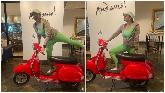 Huma Qureshi has won hearts of many with not just her incredible performances in films but also her cheerful and bubbly personality. The actor recently showed her goofy side as she struck some funny poses on a vintage red scooter donning a green active wear set.(Instagram/@iamhumaq)