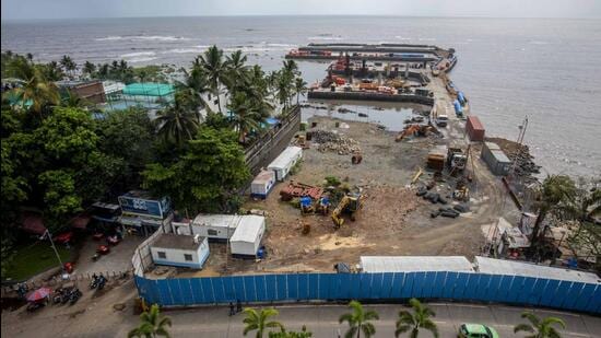 Bandra-Versova Coastal Road project in progress at Carter Road, Bandra. (Satish Bate/HT PHOTO)