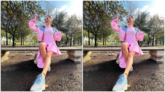 Rubina played muse to fashion designer Akanksha Sadh Bali and picked a pink and pastel blue co-ord set.(Instagram/@rubinadilaik)
