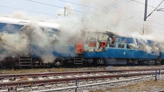 An angry crowd set a train ablaze at Chhapra in Saran district in Bihar.