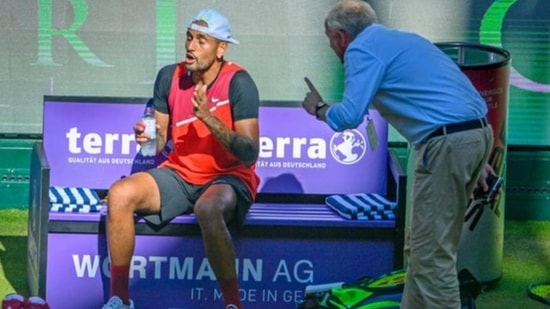 Kyrgios was given a warning for taking too long to return on Tsitsipas' serve (Getty Images)
