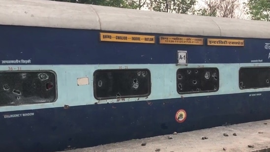 Train coaches damaged by protestors in Madhya Pradesh's Gwalior.