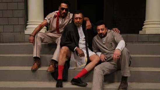 Jackie Shroff, Mithun Chakraborty and Sanjay Dutt on the sets of Baap.