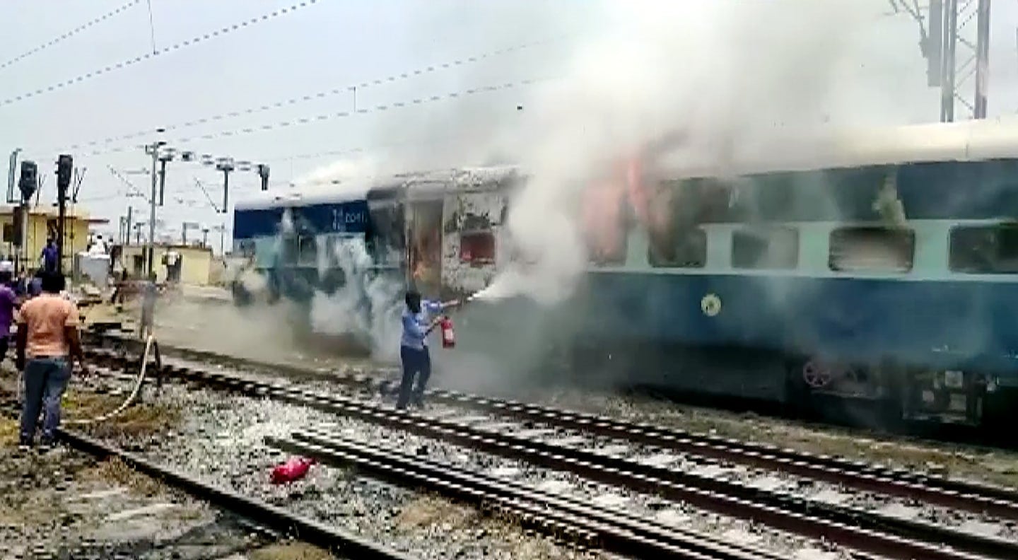 Protestors set a train ablaze during a protest against Agnipath scheme for Armed forces, in Chhapra, Bihar, on Thursday, June 16, 2022. (ANI Photo)