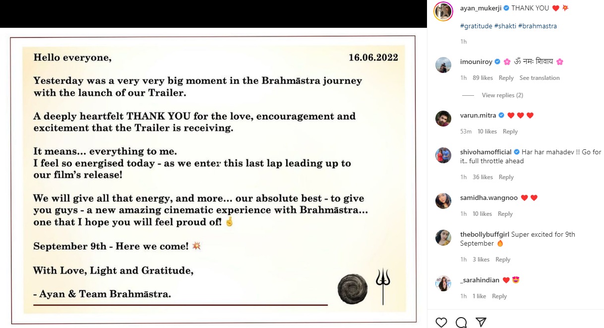 Ayan Mukerji shared a note thanking fans for loving the Brahmastra trailer.