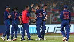 India's Harshal Patel, center celebrates the dismissal of South Africa's David Miller, unseen during the third Twenty20 cricket match