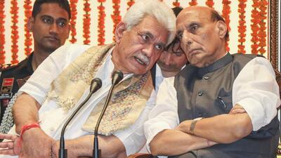 Defence Minister Rajnath Singh with J&K LG Manoj Sinha at a function celebrating the 200th year of the coronation of Maharaja Gulab Singh in Jammu on Friday. (PTI) Defence Minister Rajnath Singh with J&K LG Manoj Sinha at a function celebrating the 200th year of the coronation of Maharaja Gulab Singh in Jammu on Friday. (PTI)