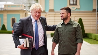 Boris Johnson, who has been vocal in his support of Zelenskiy, posted a picture of himself with the Ukrainian president. (Twitter/@BorisJohnson) Boris Johnson, who has been vocal in his support of Zelenskiy, posted a picture of himself with the Ukrainian president. (Twitter/@BorisJohnson)