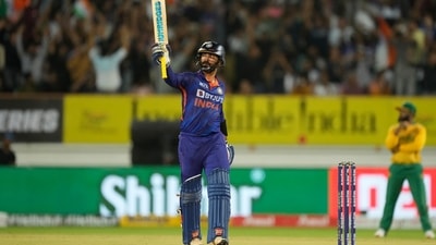 India's Dinesh Karthik celebrates scoring fifty runs during the fourth Twenty20 cricket match between India and South Africa (AP) India's Dinesh Karthik celebrates scoring fifty runs during the fourth Twenty20 cricket match between India and South Africa (AP)
