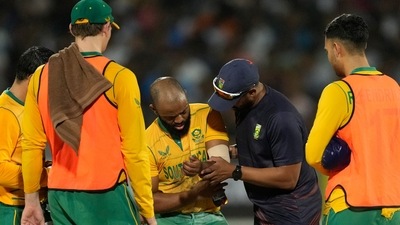 South Africa's Temba Bavuma receives treatment after an injury during the fourth Twenty20 cricket match between India and South Africa (AP) South Africa's Temba Bavuma receives treatment after an injury during the fourth Twenty20 cricket match between India and South Africa (AP)